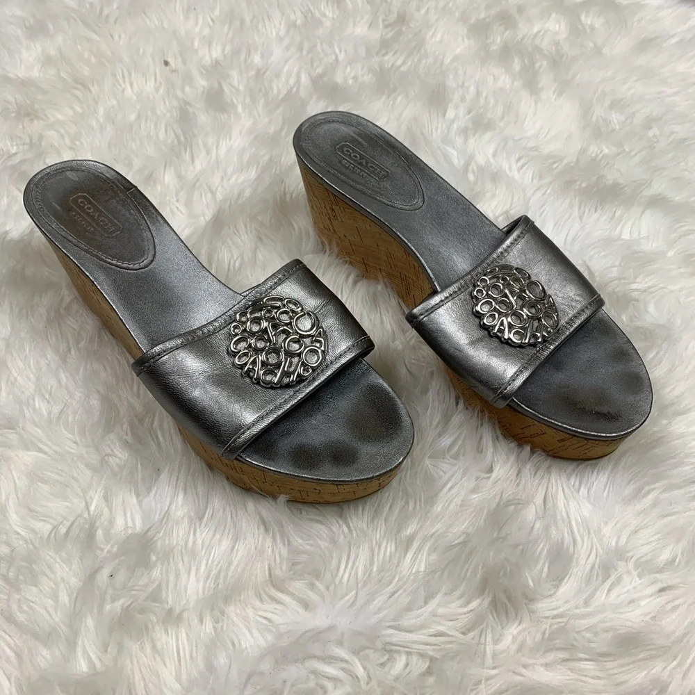 Coach Judith Silver Open Toe Wedge Sandals Size 10 Cork Heel
